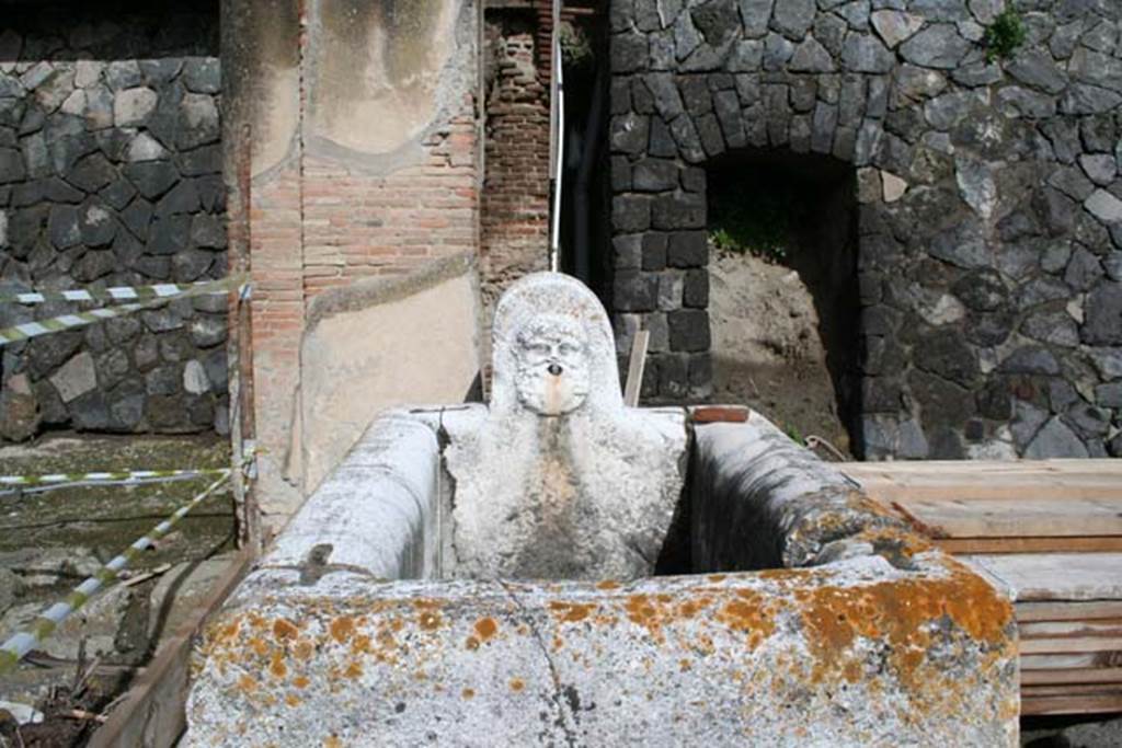 Decumanus Maximus, north side, east end, Herculaneum, March 2008.
Fountain decorated with head of Hercules. Photo courtesy of Sera Baker.
